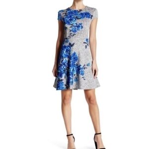 Besty Johnson Retro Fit & Flare Blue/Grey Floral A-Line Dress Size 8